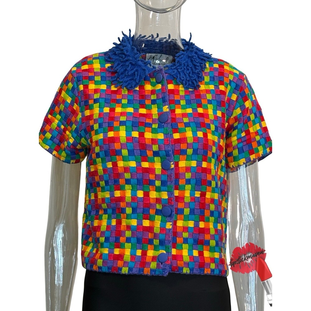 Vintage Michael Simon Cardigan‎ Sweater Women Small Colorful Art Basketweave 90s